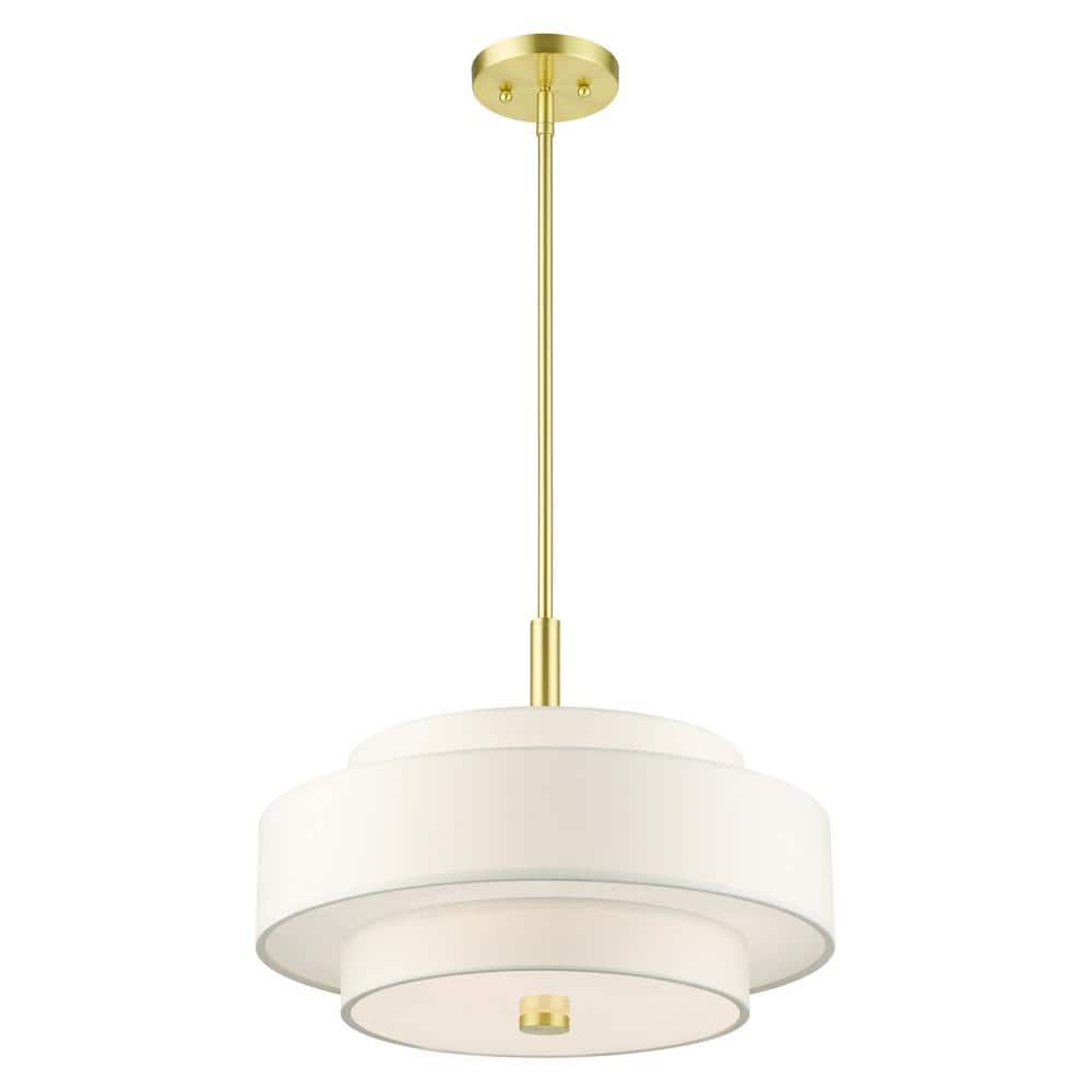 Satin Brass 4-Light Drum Chandelier with Off-White Shade