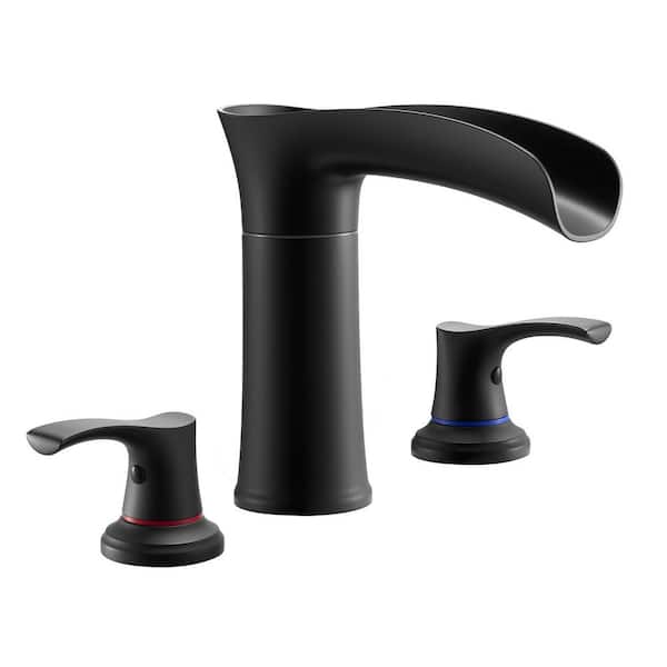 Roman Tub Faucet, 3-Hole Waterfall Bathtub Fixture, Deck-Mounted Tub Faucet, Zinc Alloy Set, Dual Handles, Matte Black