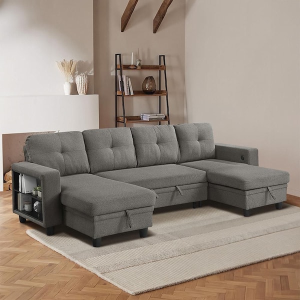 Celylon 102 in. Straight Arm Boucle Fabric Sectional Sofa in Dark Brown with 2-Chaises, Pull-Out Bed and Shelves