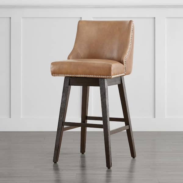 Martin 30 in. Cognac Brown Solid Wood Frame Swivel Counter Height Bar Stool with Back and Faux Leather Seat (Set of 2)