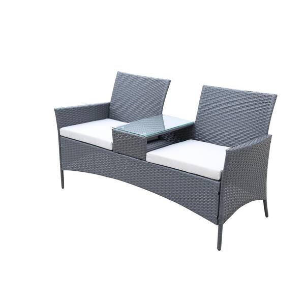 maocao hoom Gray Patio Wicker Loveseat Outdoor Chaise Lounge with Coffee Table and White Cushions
