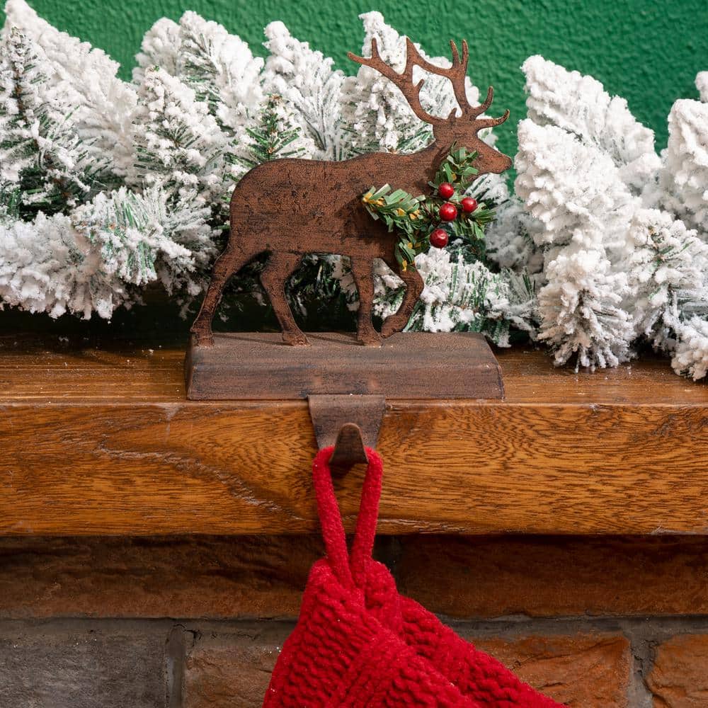 6.5" Brown and Green Wooden and Metal Reindeer Stocking Holder