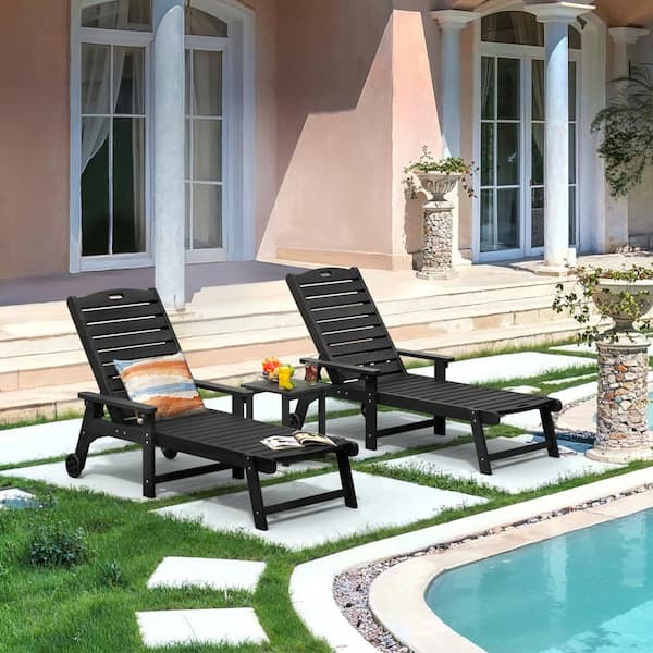 Hellen Keller Black 3-Piece HDPS Plastic Adjustable Outdoor Patio Reclining Chaise Lounge Chair Set with Side Table