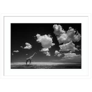 "Giraffe Goneith the Clouds" 1-Piece Framed Black and White Animal Photography Wall Art 18 in. x 25 in.