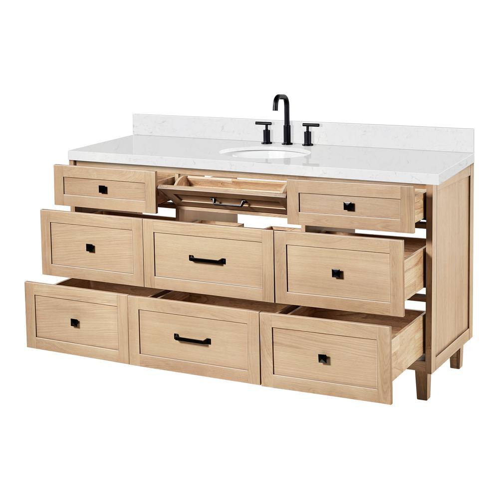 Monroe 66" Light Oak Freestanding Vanity with Carrara Quartz Top