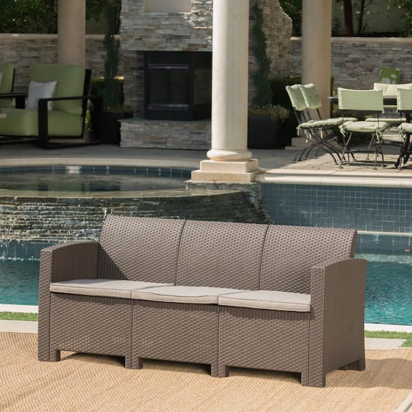 Noble House St. Paul Brown 3-Piece Wicker Outdoor Patio Couch with Mixed Beige Cushions