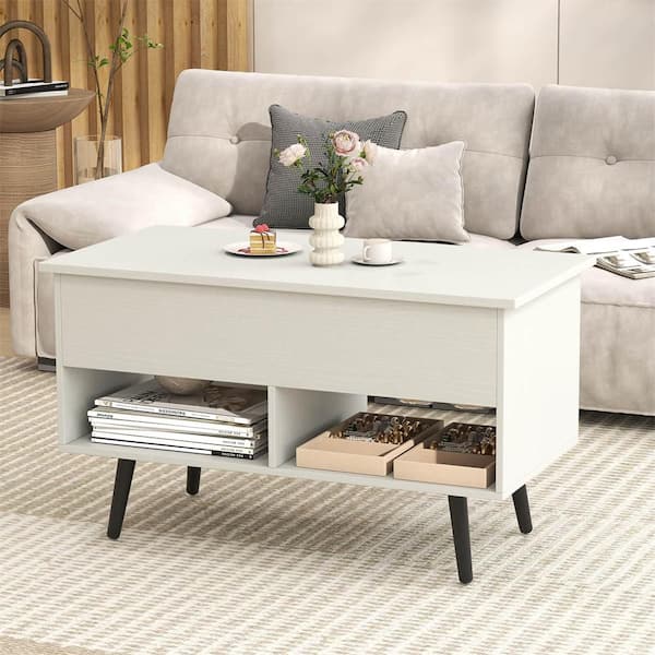 31.5 in. White Rectangle Particle Board Lift Top CoffeeTable ModernTable with Hidden Compartment Wood Legs for Home
