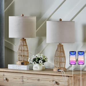 Heideman 20 in. Beige Metal Bedside Table Lamp with Beige Lamp Shade/USB/Type-C Ports（2-Pack）