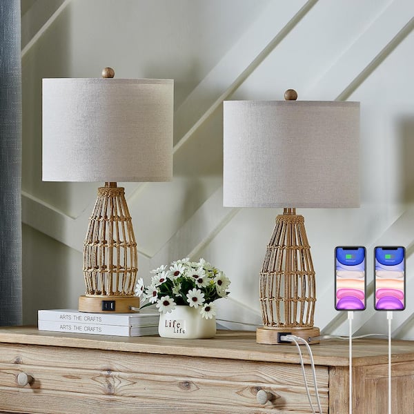 Maxax Heideman 20 in. Beige Metal Bedside Table Lamp with Beige Lamp Shade/USB/Type-C Ports（2-Pack）