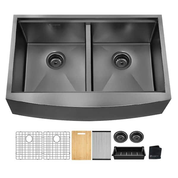 Glacier Bay Black Stainless Steel 33 In, Stainless Steel Double Bowl Farmhouse Sink