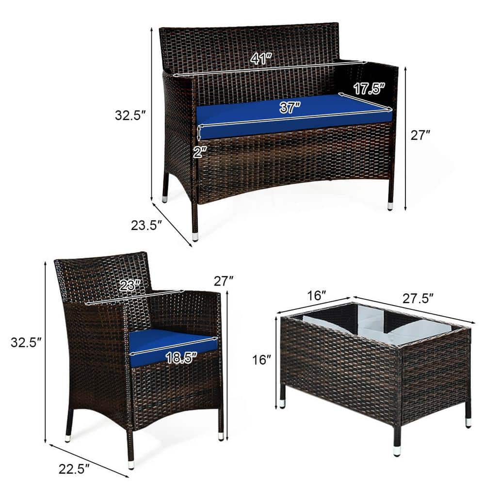 4-Piece Brown Steel Rattan Patio Set with Navy Cushions