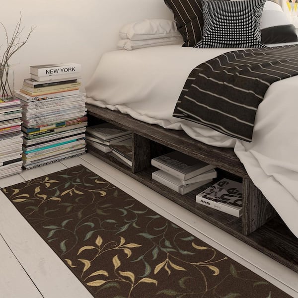 Ottohome Collection Non-Slip Rubberback Leaves Design 2x7 Indoor Runner Rug, 1 ft. 10 in. x 7 ft., Dark Brown