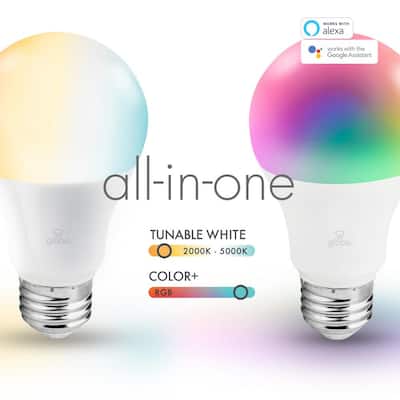 Wi-Fi Smart 60W Equivalent Color Changing RBG Tunable White LED Light Bulb, No Hub Required, A19, E26 (2-Pack)