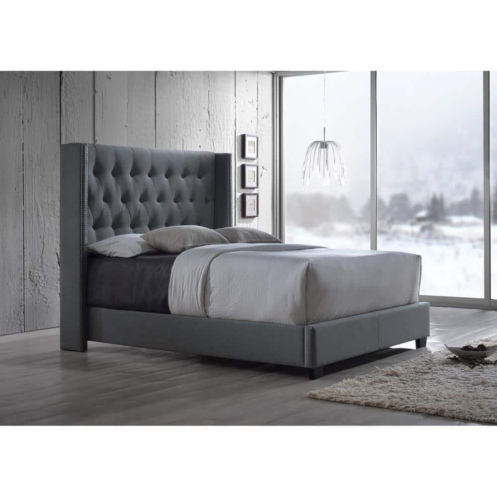 Luxurious King-Sized Gray Faux Leather Wingback Bed with Nailhead Trim