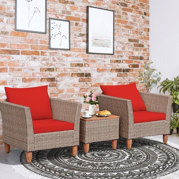 3 Piece Wicker Patio Conversation Set with Red Cushions COWY