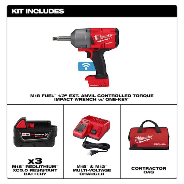M18 FUEL ONE-KEY 18V Li-Ion Brushless Cordless 1/2 in. Ext Anvil Controlled Torque Impact Wrench w/Resistant Batteries