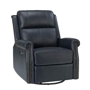 Kaletan Traditional Navy Genuine Leather Power Sliding and Rocking Swivel Recliner Nursery Chair with Rolled Arms