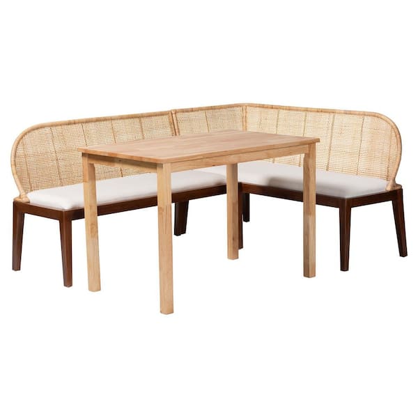 Okinawa 3-Piece Light Honey Rattan and Wood Dining Set Seats 3