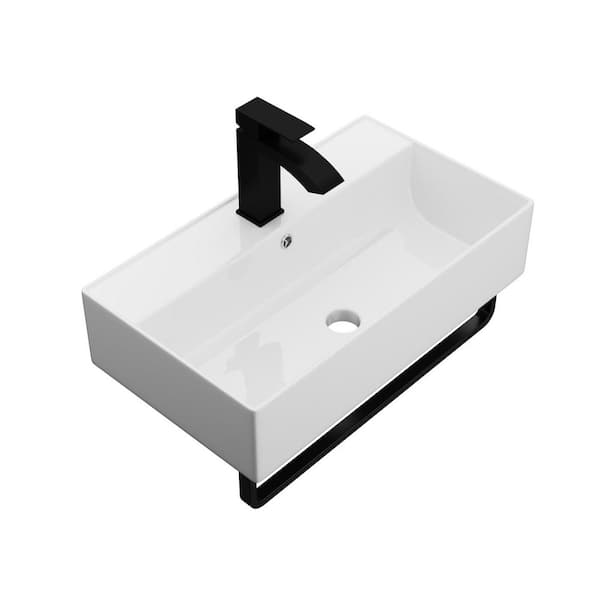 Avex 21 in. Wall Mounted Bathroom Sink in White with Black Towel Bar and Black Faucet