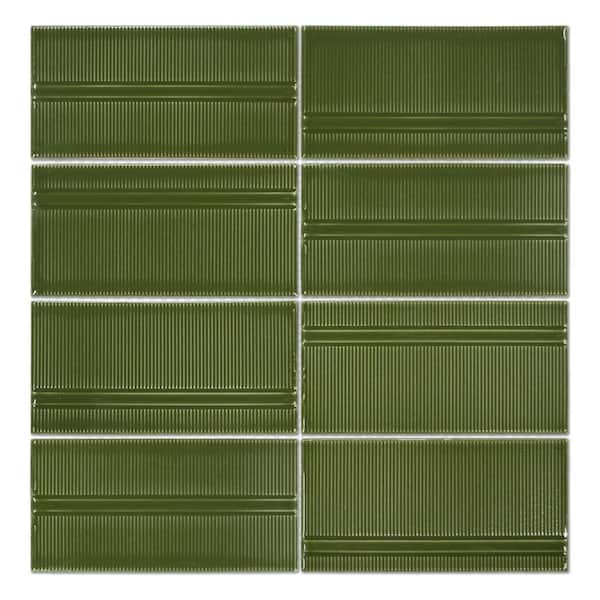 3D Brushed Texture Green 12 in. x 12.48 in. Glazed Recycled Glass Handmade Wall Mosaic Tile (5.2 sq. ft. /Case)