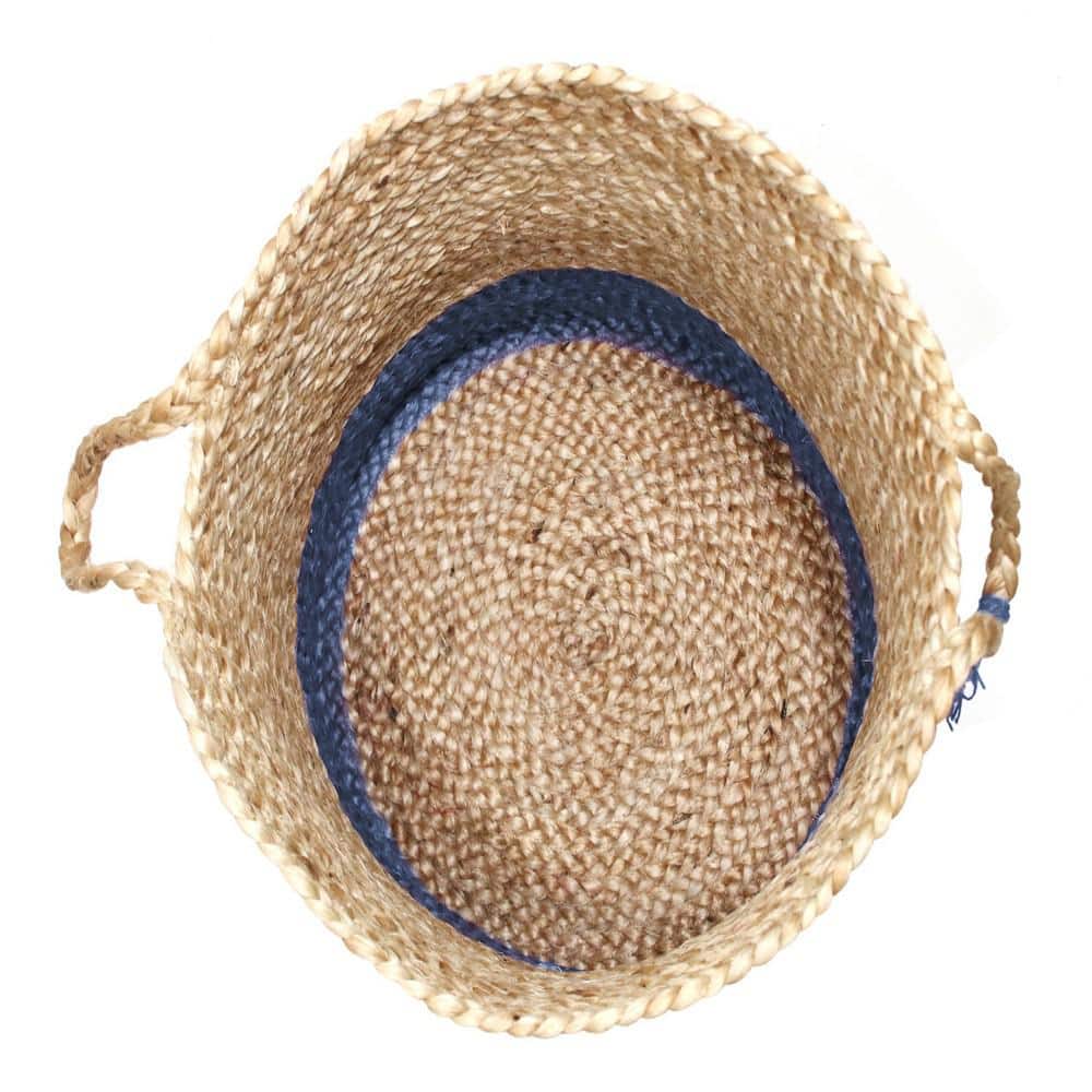 Handmade Round Tan and Sapphire Blue Jute Storage Basket with Loop Handles