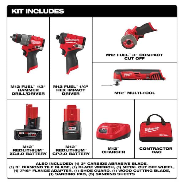 M12 FUEL 12-Volt Li-Ion Brushless Cordless Hammer Drill & Impact Driver Combo Kit w/2 Batteries, Cut Off Saw & MultiTool