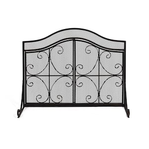 Pendleton Modern Black and Copper Three Panel Iron Fire Screen with Door