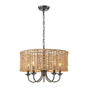 Gianni 5-Light Modern Rustic Distressed Hand-Woven Drum Chandelier with Farmhouse Natural Rattan Shade