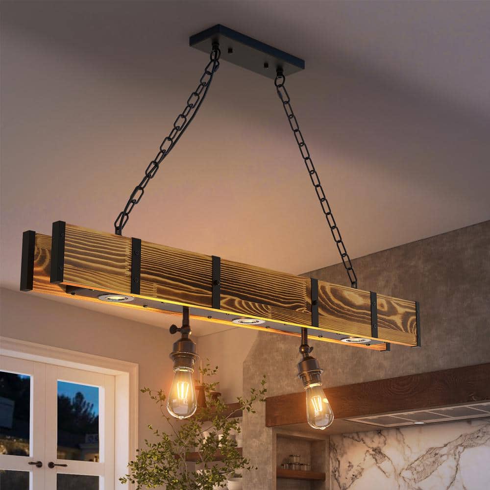TOZING 5Light Rectangular Black Wood Industrial Vintage Rustic Linear Chandeliers Farmhouse