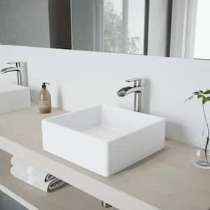 Matte Stone Dianthus Composite Square Vessel Bathroom Sink in White with Niko Faucet and Pop-Up Drain in Brushed Nickel
