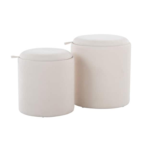 Tray Cream Fabric and Natural Wood Nesting Ottoman Set
