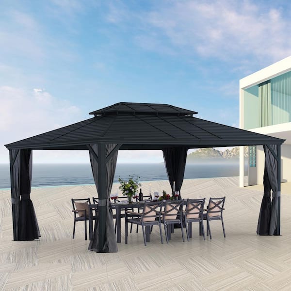 12 ft. x 16 ft. Dark Gray Aluminum Hardtop Gazebo with Double Roof Canopy, Gray Curtains and Netting
