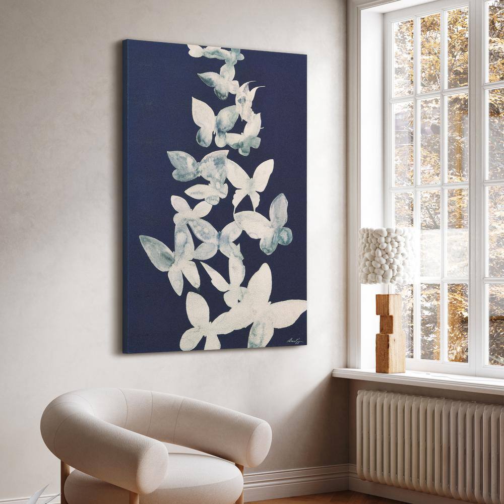 Ethereal Flight White Butterflies on Navy Canvas Wall Art