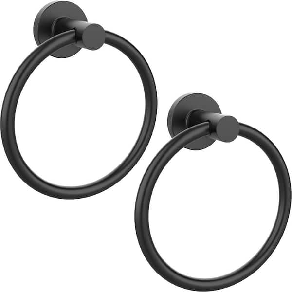 2-Piece Stainless Steel Matte Black Towel Ring Holder with Round Design for Bathroom Kitchen Wall Mounted 2 Pack