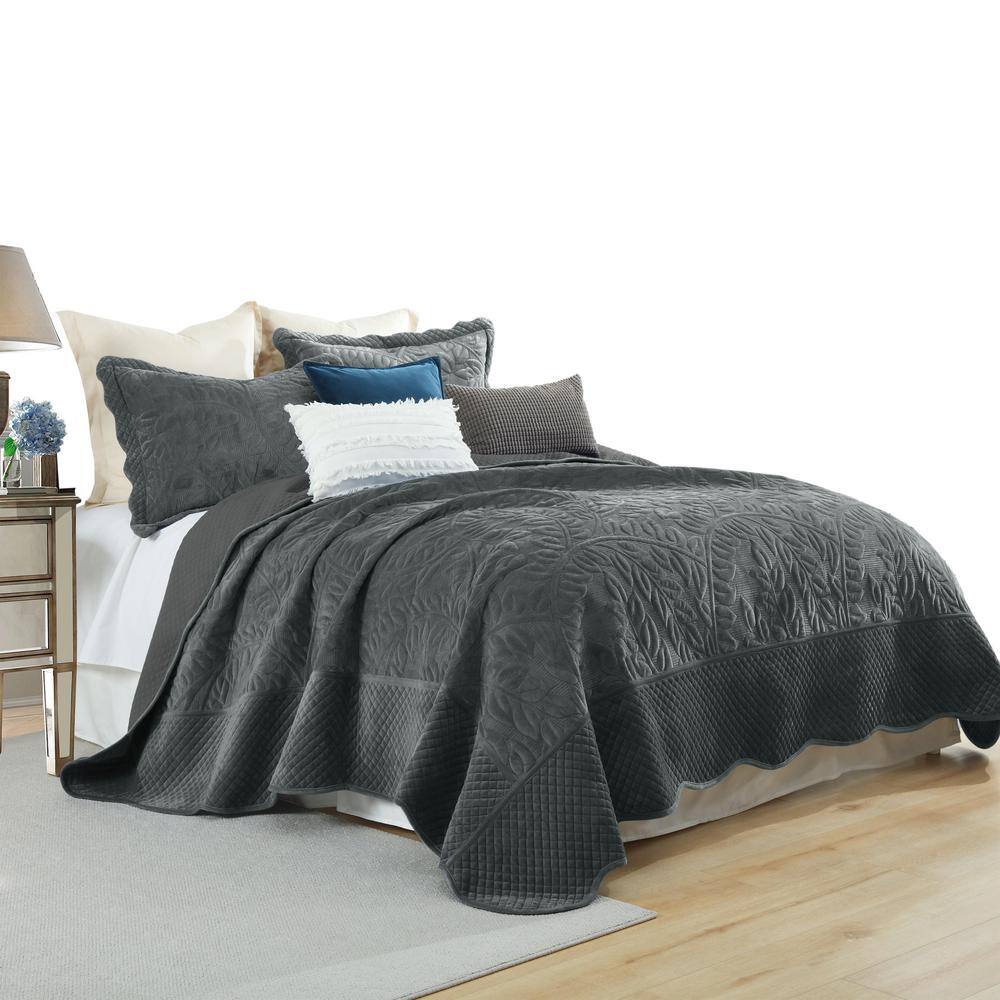 Dark Grey Queen Velvet Quilted 3-Piece Bedding Set