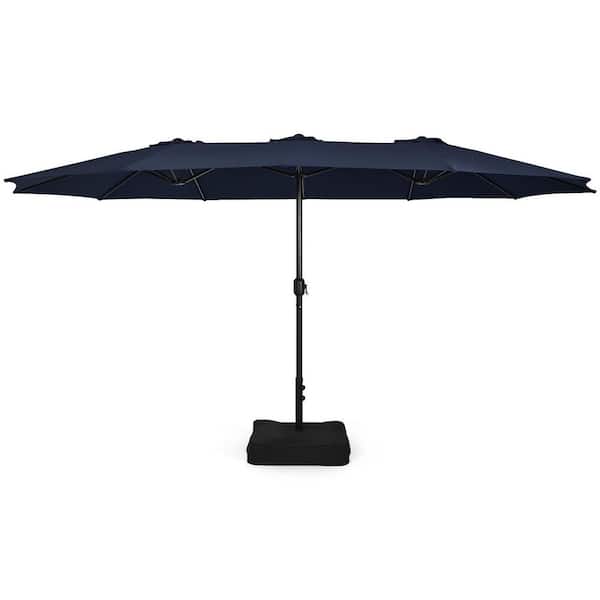 15 ft. Metal Market Patio Umbrella in Navy with Stand Double Sided Twin Outdoor Umbrella with Crank