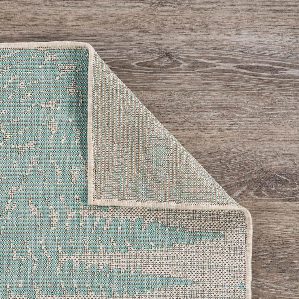 Teal and Cream Synthetic Flat Woven 8' x 10' Area Rug