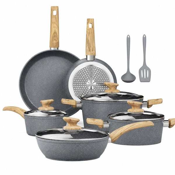 Pots and Pans Set Non Stick - 12 Piece Induction Kitchen Cookware Sets, Gray Granite Nonstick Cooking Pans Set