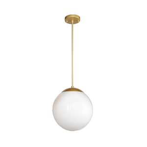 1-Light Gold Globe Pendant Light with White Glass Shade