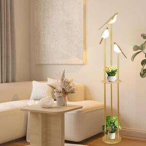 65 in. Modern Gold Standard Floor Lamp with Storage Shel, 3-Light LED Bird Design Standing Lamp for Living Room