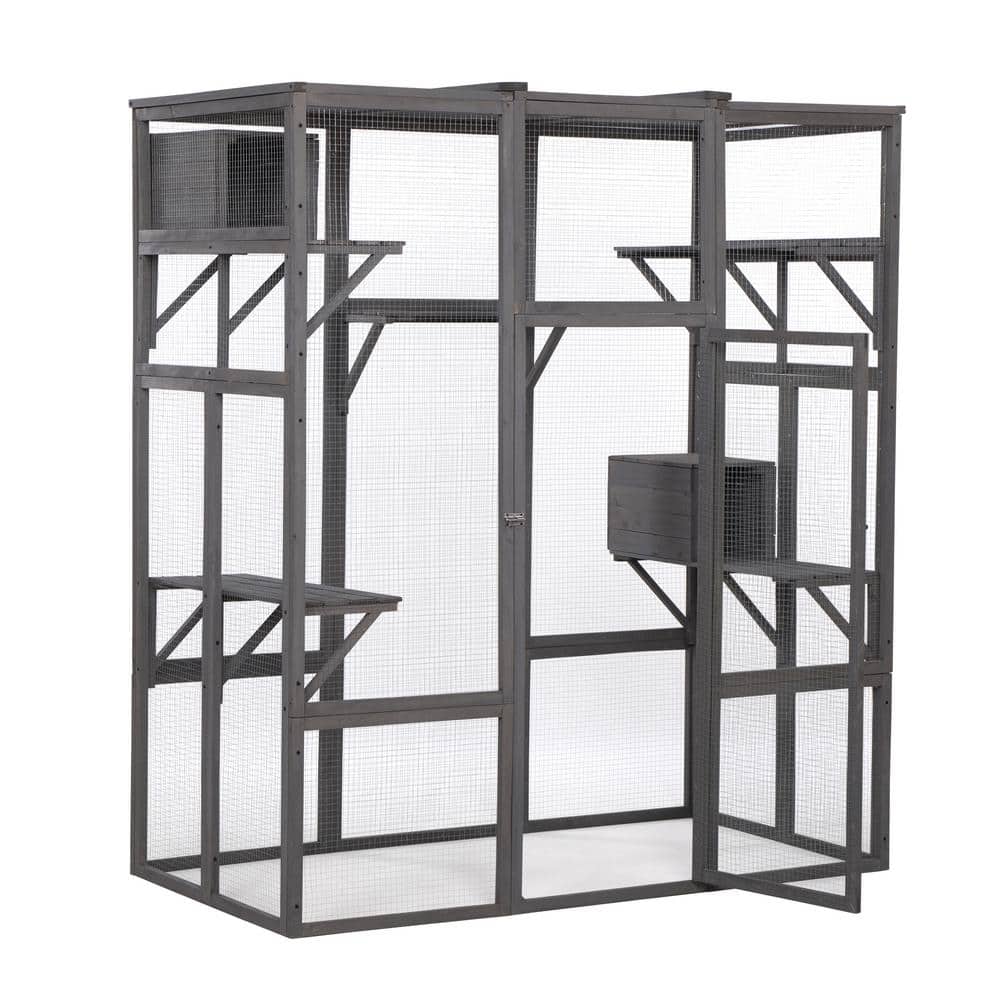 Large Cat Cage Wooden Enclosure with Solar Flat Roof Platforms Sisal Rope P