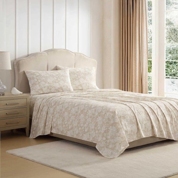 Laura Ashley Meredith 4-Piece Beige Cotton Percale Full Sheet Set