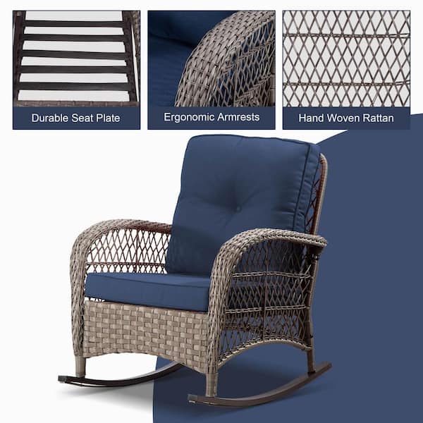 Wicker Patio Outdoor Rocking Chair with Blue Cushions