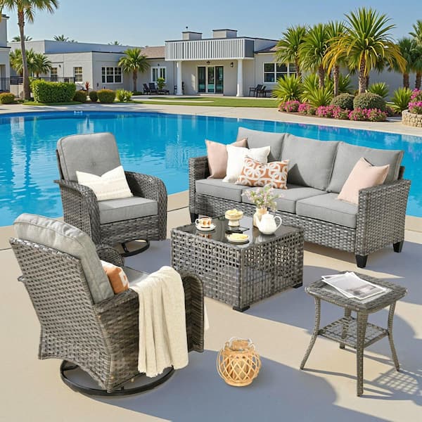 Thallo Gray 5-Piece Wicker Outdoor Sectional Patio Conversation Set with Dark Gray Cushions, Rocking Chair and Ottomans