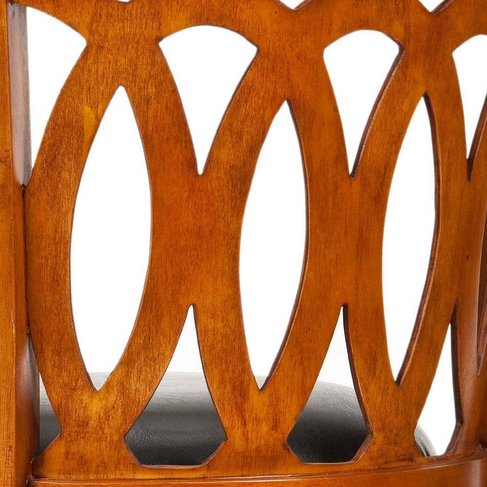 Transitional Baldwin Carved Swivel Barstool in Dark Oak & Black Leather
