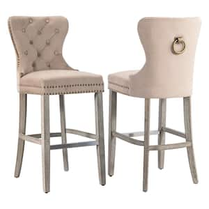 Harper 29 in. Taupe Velvet Tufted Wingback Kitchen Counter Bar Stool with Solid Wood Frame in Antique Gray (Set of 2)