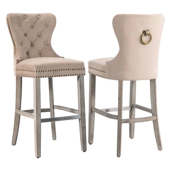 WESTINFURNITURE Harper 29 in. Taupe Velvet Tufted Wingback Kitchen Counter Bar Stool with Solid Wood Frame in Antique Gray (Set of 2)