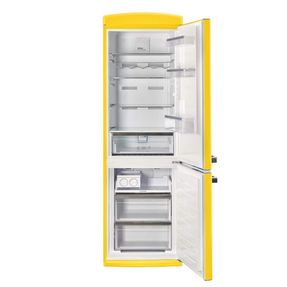 Canary Yellow Retro Bottom Freezer Refrigerator with Chrome Handles