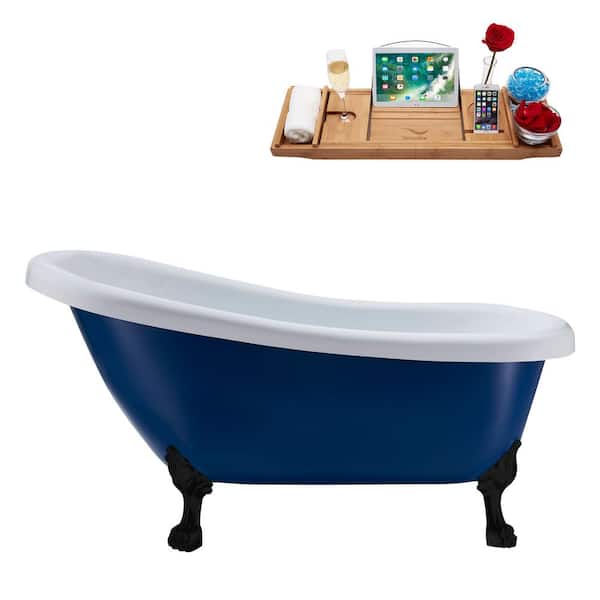 Streamline 61 in. x 27.6 in. Acrylic Clawfoot Soaking Bathtub in Matte Dark Blue with Matte Black Clawfeet and Matte Pink Drain