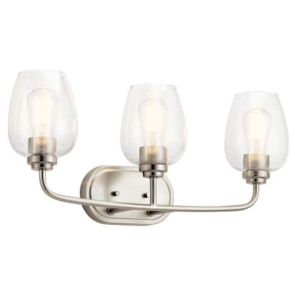KICHLER Valserrano 24 in. 3-Light Brushed Nickel Traditional Bathroom Vanity Light with Clear Seeded Glass Shade